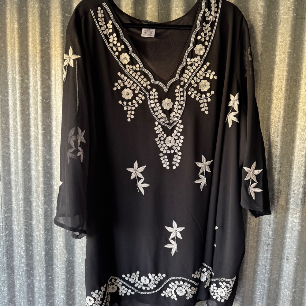 Ulla Popken Black Silver Beaded Floral Embroidered Tunic Top Plus Size 24/26